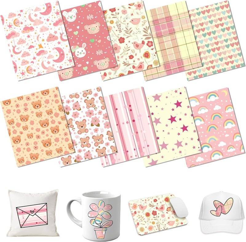 HTVSTD Boho Sublimation Ink Transfer Sheets 10 Sheets 12'' x 10'' Rainbow/Heart/Bear/Stars/Koala Pattern Sublimation Paper Pink Theme Transfer Sheets for Mugs Tumblers DIY Transfer Paper - Image 1